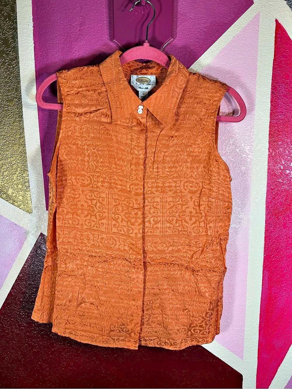 Talbots Petites 12 Pure Silk Sleeveless Blouse Orange Jacquard Collared Top